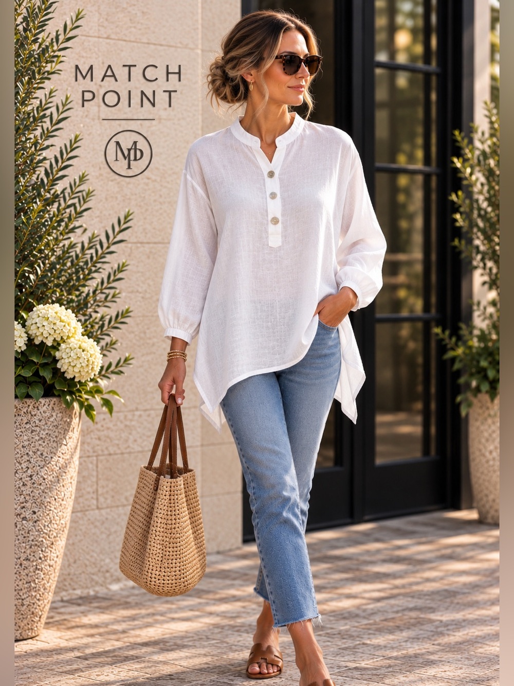 Match Point 100% Linen Tunic Top White Handkerchief Hem Henley Boho, EUC, Size L